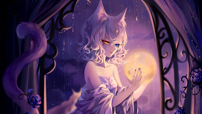 Обои картинки фото sheya, аниме, животные,  существа, девушка