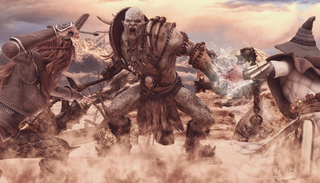 Обои картинки фото 3д графика, ужас , horror, орк, фон, люди, бой