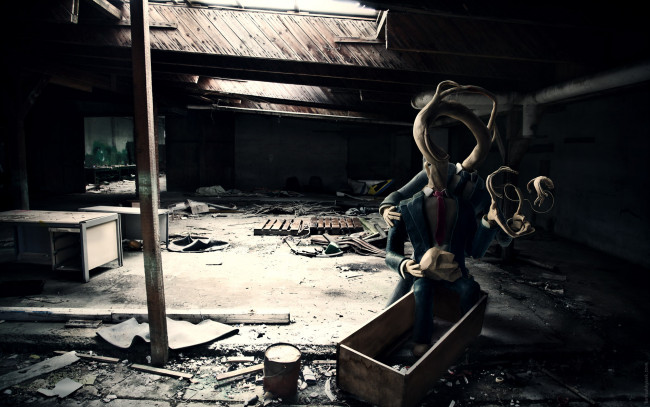 Обои картинки фото 3д графика, фантазия , fantasy, развалины, ящик, существо