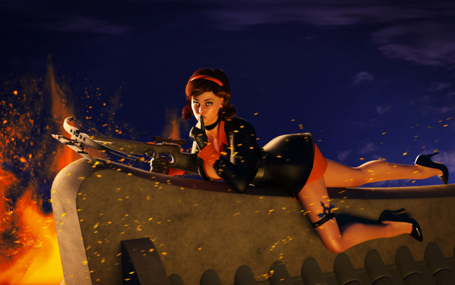 Обои картинки фото 3д графика, люди , people, девушка, фон, взгляд, арбалет