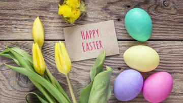 обоя праздничные, пасха, тюльпаны, крашенки, надпись