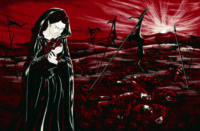 Обои картинки фото фэнтези, эльфы, эльфийка, капюшон, цветы, поле, боя, трупы