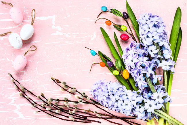 Обои картинки фото праздничные, пасха, яйца, ветки, гиацинты, цветы, верба
