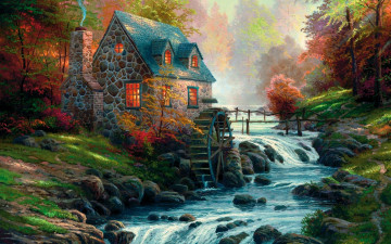 Картинка cobblestone mill рисованные thomas kinkade morning river house forest fog