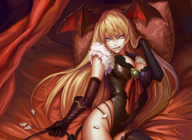 Обои картинки фото аниме, angels, demons, dantewontdie, morrigan, демоница, крылья, подушка, постель