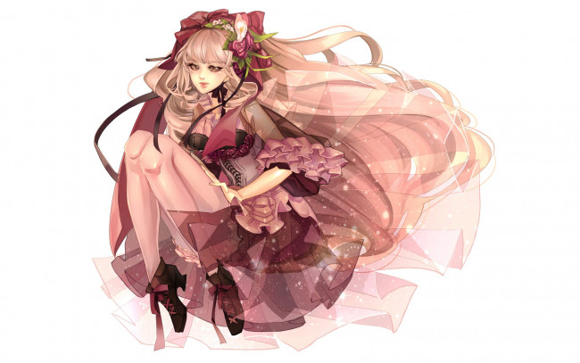 Обои картинки фото аниме, *unknown, другое, цветы, розы, девушка, корсет, блестки, белый, фон