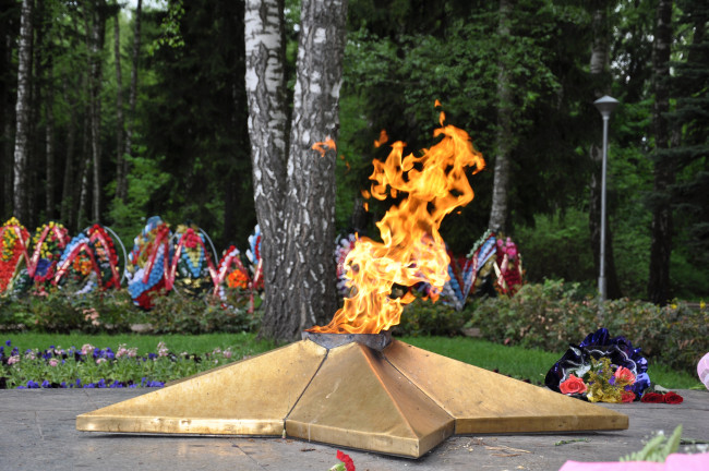 Обои картинки фото праздничные, день, победы, венки, вечный, огонь, цветы