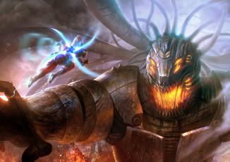 Картинка фэнтези роботы +киборги +механизмы схватка сражение робот киборг монстр