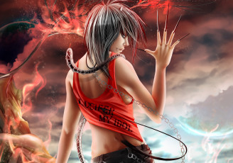 Картинка аниме -angels+&+demons когти спиной демон ухмылка хвост рога цепь змея надпись змей