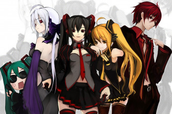 Картинка аниме vocaloid вокалоид наушники pupps арт девушки yowane haku парень akita neru hachune miku akaito zatsune бант микрофон