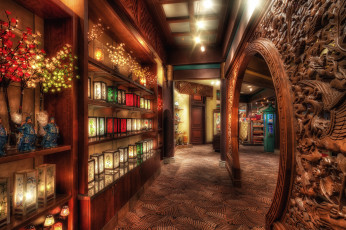 Картинка the+door+of+good+fortune интерьер -+другое фонарики книги стелажи комнаты