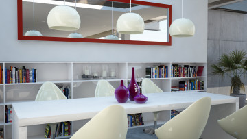 Картинка 3д+графика realism+ реализм стулья стол книги полки вазы