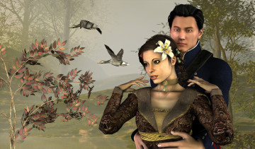 Картинка 3д+графика romance гуси парень деревья лилия девушка