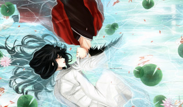 обоя аниме, nurarihyon no mago, двое, пара, рыбы, арт, oikawa, tsurara, вода, девушка, yuki, onna, парень, nura, rikuo, внук, нурарихёна, nurarihyon, no, mago, humonster, кувшинки, шарф, нура, рикуо, цветы