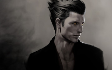 Картинка фэнтези люди парень чёрно-белый зелёные глаза