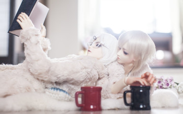 обоя разное, игрушки, bjd, doll, парни, белые, волосы, книга, чашка, чашки, цветы, очки