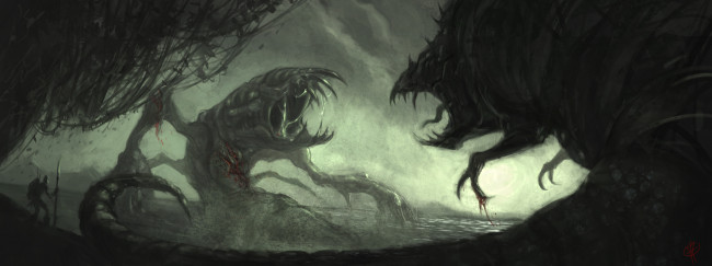 Обои картинки фото фэнтези, существа, гигантские, битва, раны, кровь, озеро, монстры, арт, человек, вода