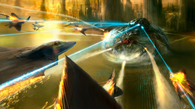 Обои картинки фото фэнтези, существа, иной, мир, будущее, атака, военные, самолеты, истребители, чужой, инопланетный, пришелец, существо