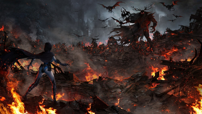 Обои картинки фото injustice,  gods among us, видео игры, зло, воинство, демоны, девушка, разрушения, постапокалипсис