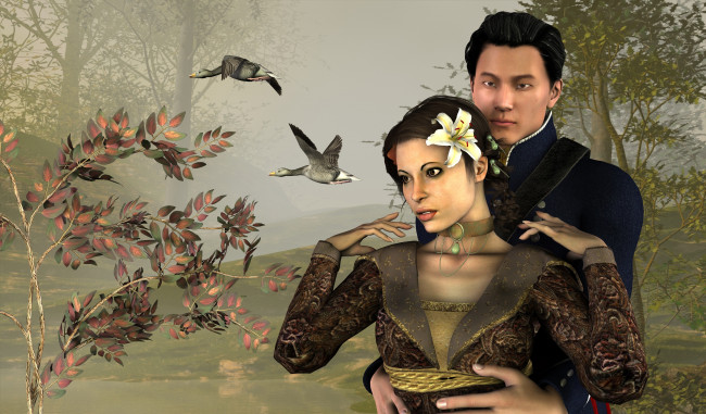 Обои картинки фото 3д графика, romance, гуси, парень, деревья, лилия, девушка