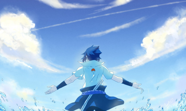 Обои картинки фото аниме, naruto, море, стоит, саске, парень, art, брызги