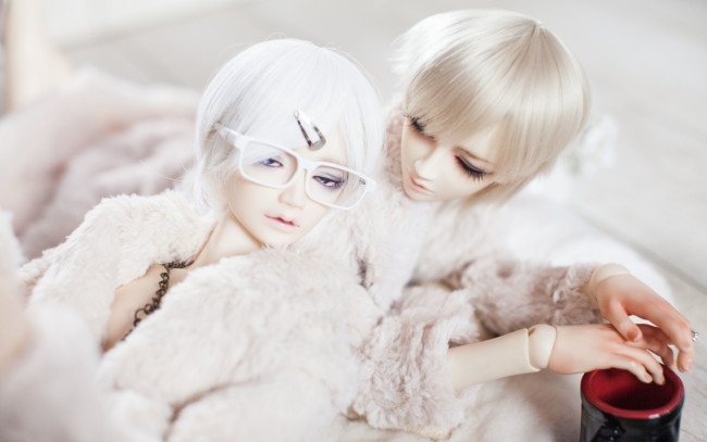Обои картинки фото разное, игрушки, bjd, doll, белые, волосы, очки, заколка, парни, чашка