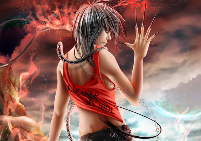 Обои картинки фото аниме, -angels & demons, когти, спиной, демон, ухмылка, хвост, рога, цепь, змея, надпись, змей