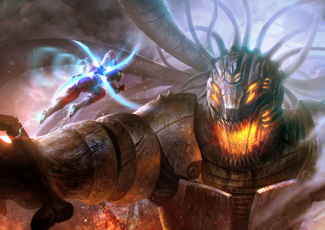 Обои картинки фото фэнтези, роботы,  киборги,  механизмы, схватка, сражение, робот, киборг, монстр