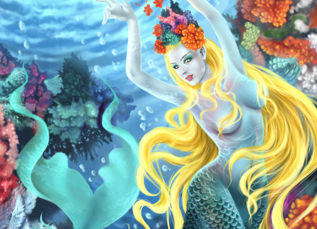 Обои картинки фото фэнтези, русалки, волосы, кораллы