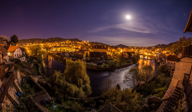 Обои картинки фото города, - огни ночного города, река, городок, ночь