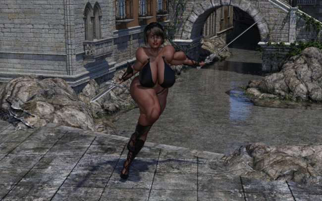 Обои картинки фото 3д графика, фантазия , fantasy, девушка, взгляд, фон, оружие