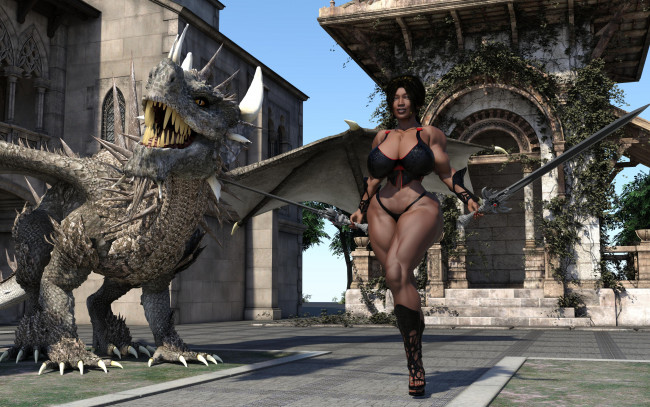 Обои картинки фото 3д графика, фантазия , fantasy, фон, взгляд, девушка, оружие