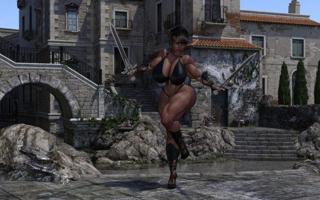 Обои картинки фото 3д графика, фантазия , fantasy, оружие, фон, взгляд, девушка