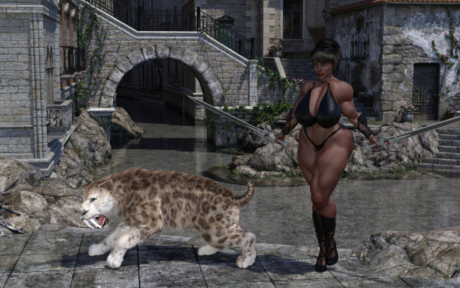 Обои картинки фото 3д графика, фантазия , fantasy, взгляд, фон, оружие, девушка