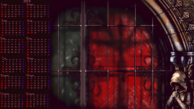 Обои картинки фото календари, фэнтези, дверь, человек, капюшон