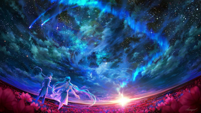 Обои картинки фото аниме, vocaloid, парень, девушка, пара, поле, цветы, закат, небо