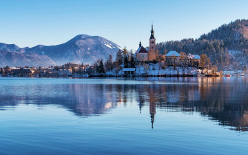 Картинка города блед+ словения горы озеро панорама