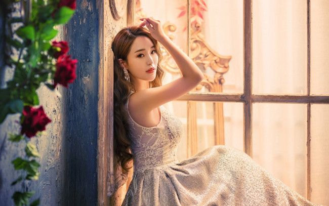 Обои картинки фото девушки, - азиатки, азиатка, кружевное, платье, поза