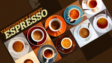 обоя еда, кофе,  кофейные зёрна, эспрессо, чашки, блюдца