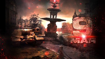 обоя видео игры, world of tanks, танк, город, развалины, фонтан