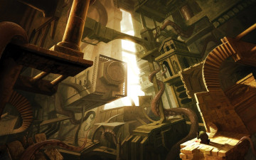 обоя фэнтези, иные миры,  иные времена, человек, город, механизмы, щупальца