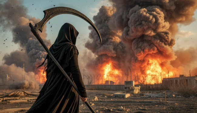 Обои картинки фото 3д, 3д графика, ужас , horror, война, взрыв, смерть, коса, нейросеть