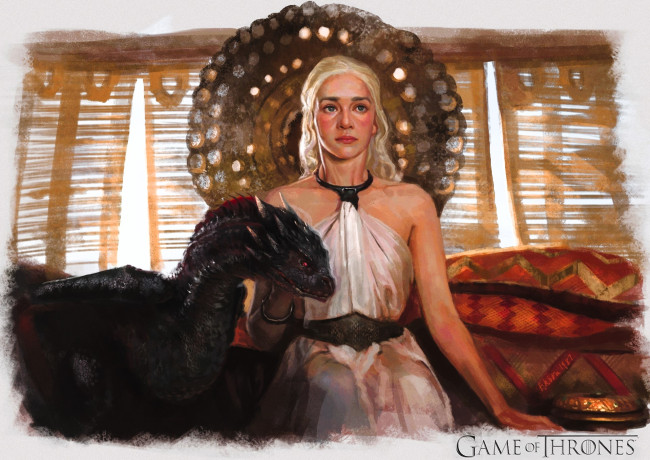 Обои картинки фото рисованное, кино,  мультфильмы, дракон, девушка, дейенерис, трон