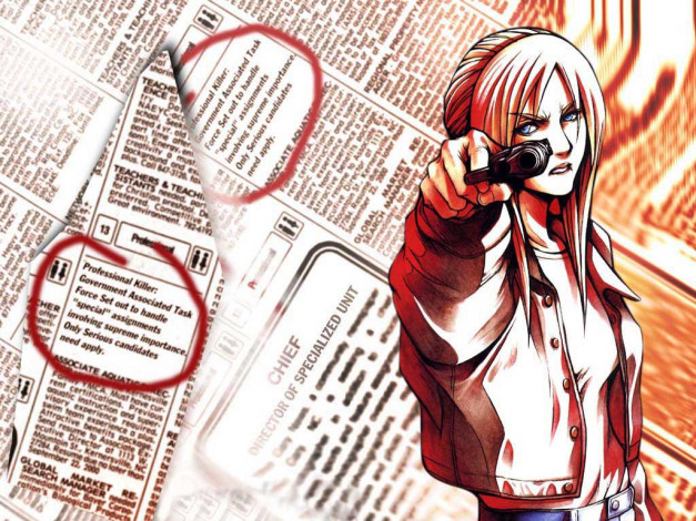 Обои картинки фото аниме, weapon, blood, technology, девушка, глаза, волосы