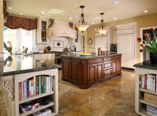 Картинка интерьер кухня стол мебель люстра дизайн плита