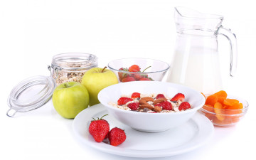 обоя еда, разное, курага, клубника, яблоки, молоко, мюсли