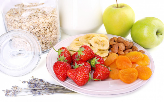 Обои картинки фото еда, разное, миндаль, мюсли, курага