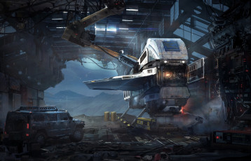 Картинка фэнтези космические+корабли +звездолеты +станции джип будущее ангар иной мир аппарат летательный