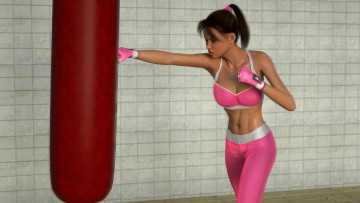 Картинка 3д+графика люди+ people зал взгляд девушка тренировка груша фон