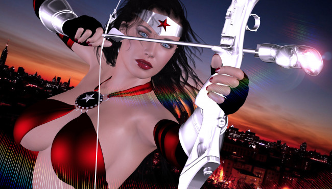 Обои картинки фото amazon, 3д графика, фантазия , fantasy, лук, фон, взгляд, девушка